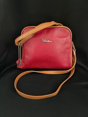 Valentina Italian Pebbled Red Leather Crossbody Bag with Tan Strap CLEAN